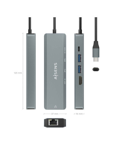 Docking USB Tipo-C Aisens ASUC-5P011-GR/ 1xHDMI/ 2xUSB/ 1xRJ45/ 1xUSB Tipo-C/ 1xUSB Tipo-C PD/ Gris