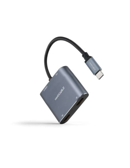 Nanocable Conversor USB-C a 2x HDMI, 1x USB 2.0 y 1x USB-C PD - Longitud del Cable 15cm - Color Gris