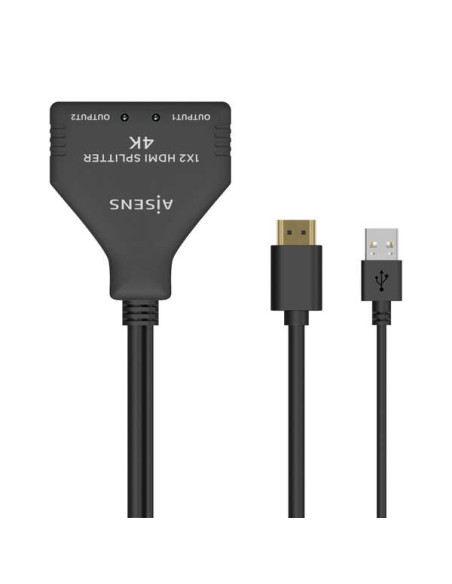 Aisens HDMI Duplicador 4K 30HZ 1 2 con Alimentación USB y Cable - 30cm - Color Negro