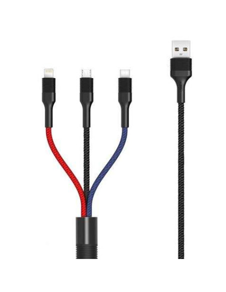 XO Cable Trenzado USB-A Macho a USB-C, MicroUSB y Lightning - Carga Rapida 2A - Longitud 1.20m