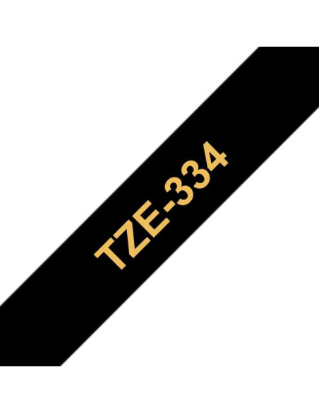 Brother TZe334 Cinta Laminada Generica de Etiquetas - Texto dorado sobre fondo negro - Ancho 12mm x 8 metros