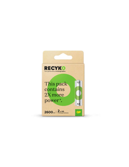 GP ReCyko Pack de 2 Pilas Recargables 2600mAh AA 1.2V - Precargadas - Ciclo de Vida: Hasta 1.000 Veces