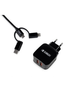 Subblim Cargador de pared dual - Longitud 1m - Exterior de nylon resistente y flexible - Carga rápida hasta 2400Amp/12W - 2 Puer