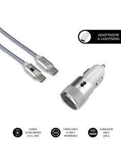 Subblim Cargador Coche Dual PD20W+QC3.0+C to C/Lightning cable - 20W - Carga rápida simultánea - Cable USB C reversible - Color