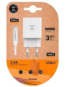 TechOneTech Cargador Doble de Pared + Cable USB-A a USB-C 1m - Recubierto de Nylon Trenzado
