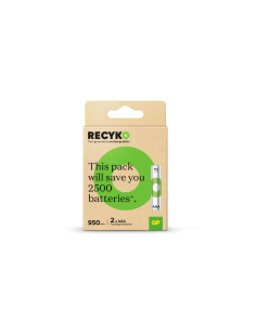 GP ReCyko Pack de 2 Pilas Recargables 950mAh AAA 1.2V - Precargadas - Ciclo de Vida: Hasta 1.000 Veces