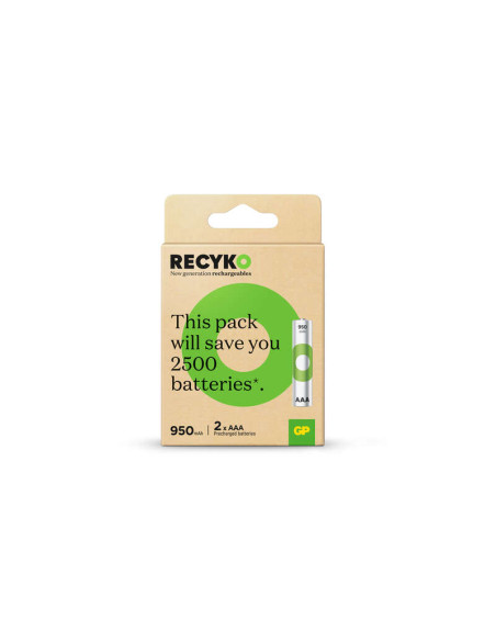 GP ReCyko Pack de 2 Pilas Recargables 950mAh AAA 1.2V - Precargadas - Ciclo de Vida: Hasta 1.000 Veces
