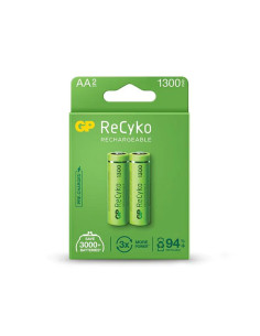 GP ReCyko Pack de 2 Pilas Recargables 1300mAh AA 1.2V - Precargadas - Fabricadas con mas del 10% de Materiales Reciclados