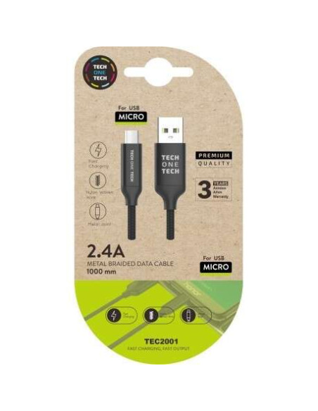 TechOneTech Cable USB-A Macho a Micro-USB Macho 1m - Recubierto de Nylon Trenzado