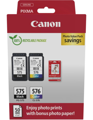 Canon PG575/CL576 Pack de 2 Cartuchos de Tinta Originales + 50 Hojas de Papel Fotografico - 5438C004
