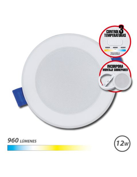 Elbat Downlight Circular 12W - 960Lm - Selector 3 Temperaturas + Sobrepared - Color Blanco