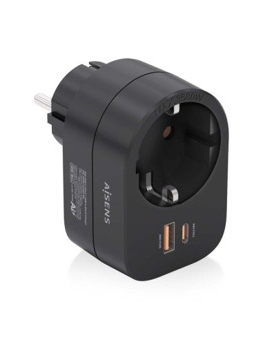 Aisens Regleta de Pared Multifuncion con 1 Toma + 1xUSB-C 20W PD3.0 - 1xUSB-A 20W QC3.0 - Color Negro
