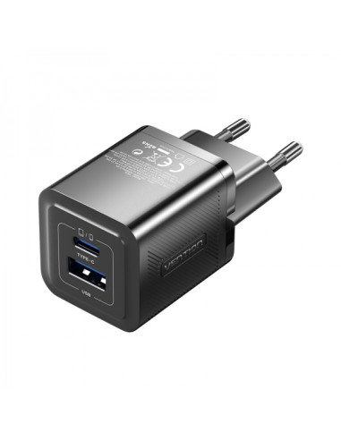 Vention Cargador de Pared GaN 2 Puertos USB (C+A) (30W/30W) - Carga rapida EU - Color Negro