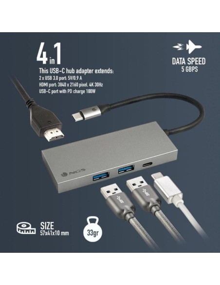 Docking USB Tipo-C NGS WonderDock4 Pro/ 2xUSB/ 1xUSB Tipo-C DP/ 1xHDMI