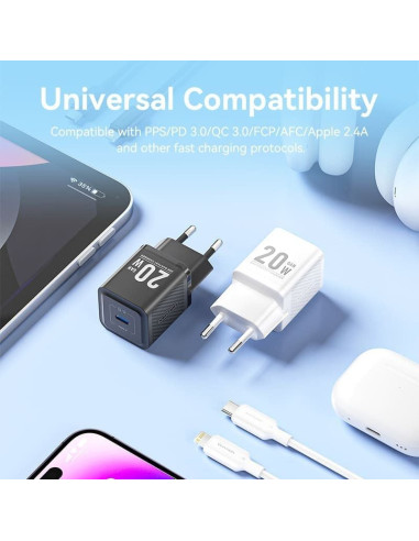 Cargador Gan de Pared Vention TZ-FEPB0-EU-02/ 1xUSB Tipo-C + Cable Lightning/ 20W