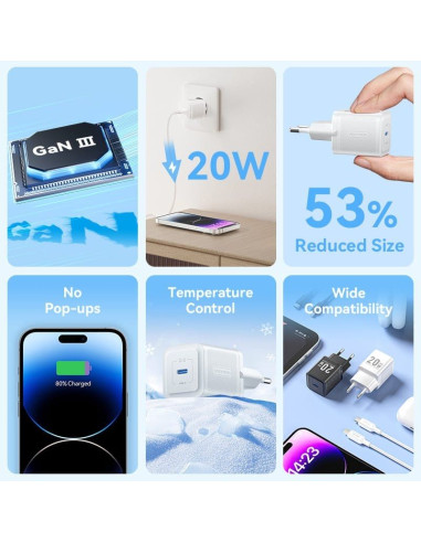Cargador Gan de Pared Vention TZ-FEPB0-EU-02/ 1xUSB Tipo-C + Cable Lightning/ 20W