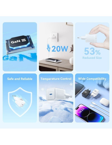 Cargador Gan de Pared Vention TZ-FEPW0-EU-01/ 1xUSB Tipo-C + Cable USB Tipo-C/ 20W