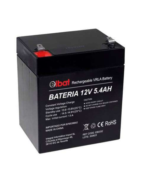 Elbat Bateria de Plomo 12V 5.4Ah VRLA Agm - Dimensiones 90X70X101mm - Tecnologia de Seguridad VRLA - Color Negro