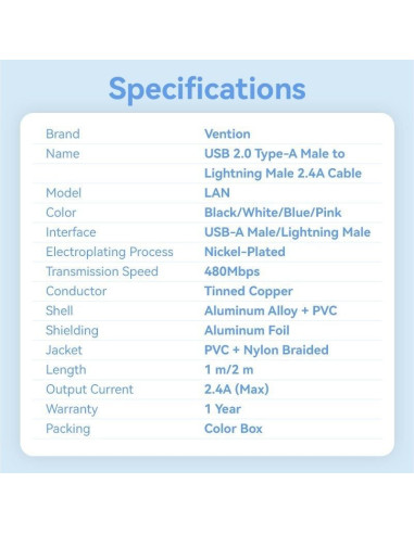 Cable USB Lightning Vention LANBF/ USB Macho - Lightning Macho/ 480Mbps/ 1m/ Negro