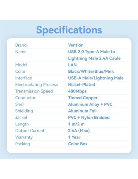 Cable USB Lightning Vention LANBF/ USB Macho - Lightning Macho/ 480Mbps/ 1m/ Negro