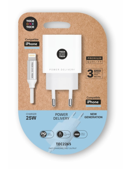 TechOneTech Cargador de Pared PD 25W + Cable USB-C a Lightning