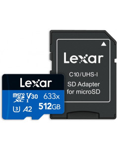 Lexar 633x Tarjeta de Memoria microSDXC UHS-I 512GB - Alta Capacidad - Velocidad de Lectura hasta 100MB/s - Incluye Adaptador SD