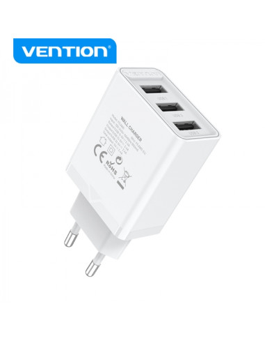 Vention Cargador de Pared USB-Ax3 2.4A 12Wx3 - Carga rapida - Color Blanco