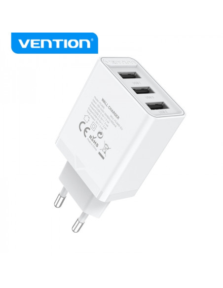 Vention Cargador de Pared USB-Ax3 2.4A 12Wx3 - Carga rapida - Color Blanco