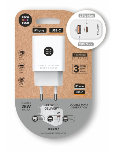 TechOneTech Cargador de Pared PD + QC 25W 1 Puerto USB-C 3A + 1 Puerto USB-A