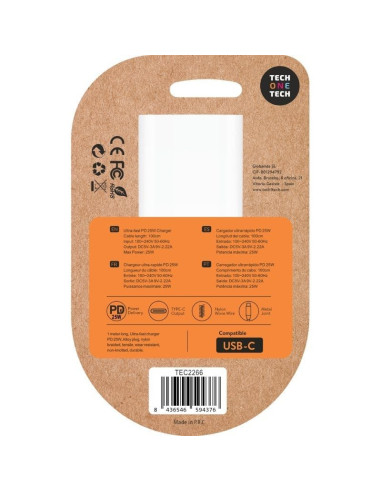 Cargador de Pared Tech One Tech TEC2266/ 1xUSB Tipo-C + Cable USB Tipo-C/ 3A/ Blanco