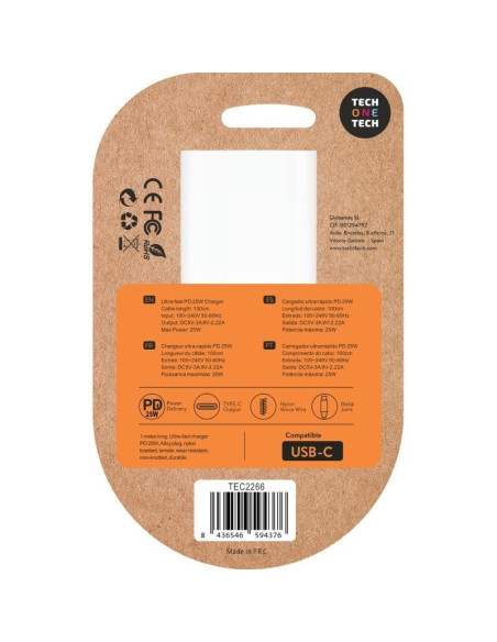Cargador de Pared Tech One Tech TEC2266/ 1xUSB Tipo-C + Cable USB Tipo-C/ 3A/ Blanco