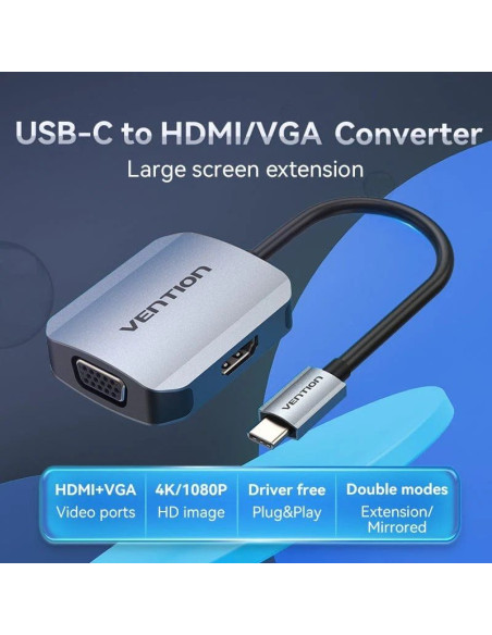 Conversor Vention TDIHB/ USB Tipo-C Macho/ VGA Hembra - HDMI Hembra/ 15cm/ Plata