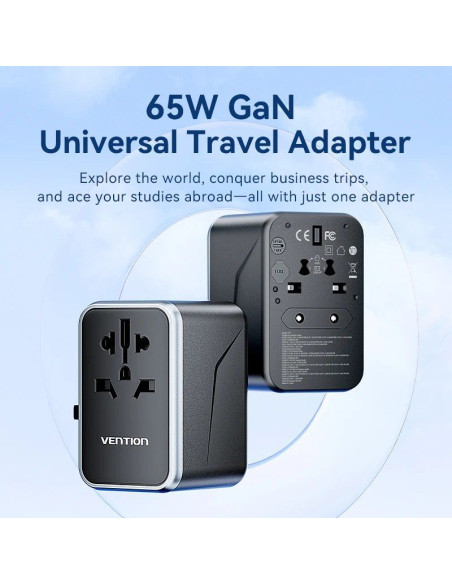 Cargador de Pared Universal Vention FJFB0/ Toma de Corriente Universal/ 2xUSB Tipo-C/ 2xUSB/ 65W