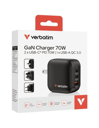Cargador de Pared Universal Verbatim Mini GaN Wall Charger/ 2xUSB Tipo-C/ 1xUSB/ 70W