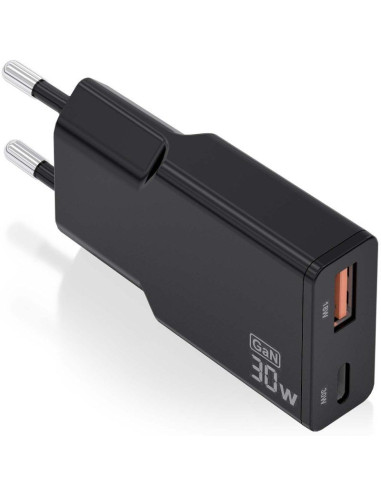 Cargador GaN de Pared Aisens ASCH-30W2P047-BK/ 1xUSB Tipo-C/ 1xUSB/ 30W