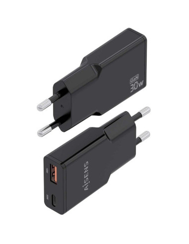 Cargador GaN de Pared Aisens ASCH-30W2P047-BK/ 1xUSB Tipo-C/ 1xUSB/ 30W