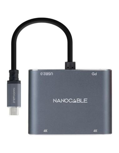 Conversor Nanocable 10.16.4305/ USB Tipo-C Macho / 2x HDMI Hembra - USB Tipo-C PD Hembra - USB Hembra/ 15cm/ Gris