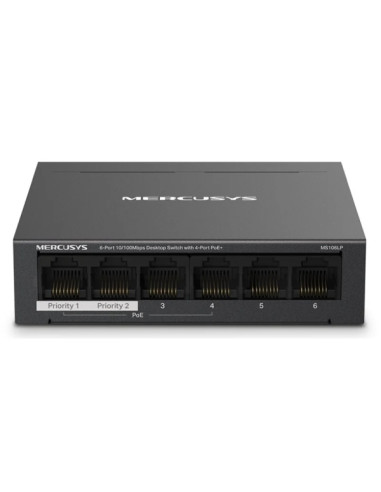 Mercusys Switch 6 Puertos RJ45 10/100Mbps - 4 Puertos PoE - Largo Alcance hasta 250m en Modo Extendido - Carcasa de Metal
