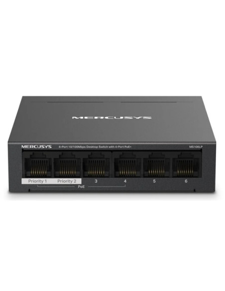 Mercusys Switch 6 Puertos RJ45 10/100Mbps - 4 Puertos PoE - Largo Alcance hasta 250m en Modo Extendido - Carcasa de Metal