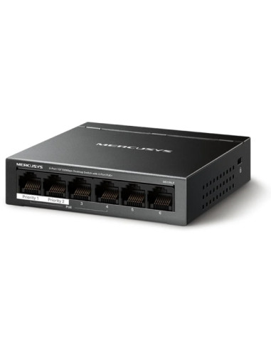 Mercusys Switch 6 Puertos RJ45 10/100Mbps - 4 Puertos PoE - Largo Alcance hasta 250m en Modo Extendido - Carcasa de Metal