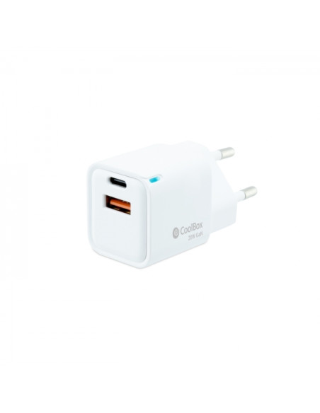 Coolbox Cargador de Pared 20W QC3.0 + PD - USB-A + USB-C - Carga Rapida - Tecnología GaN - Color Blanco