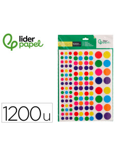 Gomets liderpapel autoadhesivo s circulos colores y tamaños surtidos bolsa de 10 hojas 1200 unidades