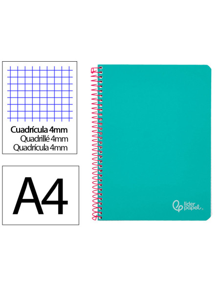 Cuaderno espiral liderpapel din a4 witty tapa dura 80h 90gr cuadro 4mm con margen color turquesa