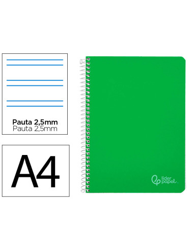 Cuaderno espiral liderpapel din a4 witty tapa dura 80h 90gr pauta 2,5mm con margen color verde