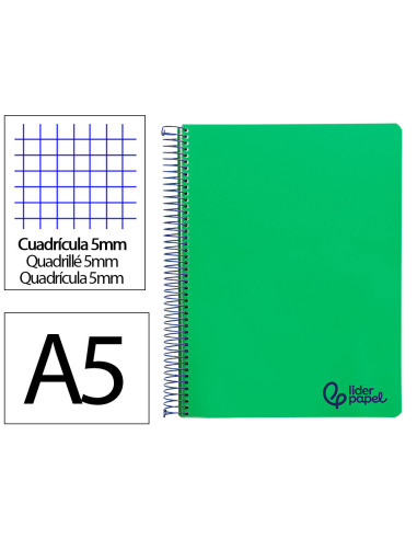 Cuaderno espiral liderpapel a5 micro wonder tapa plastico 120h 90gr cuadro 5mm 5 bandas 6 taladros color verde oscuro