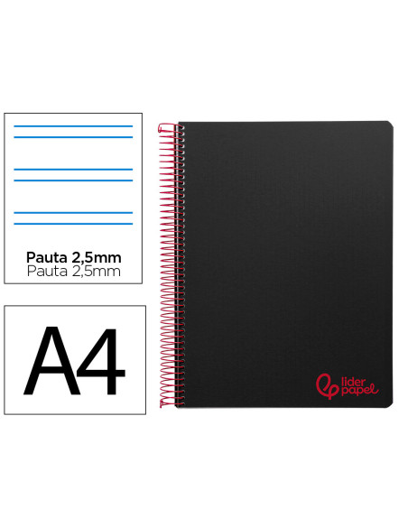 Cuaderno espiral liderpapel a4 wonder tapa plastico 80h 90gr pauta estrecha 2,5mm con margen color negro