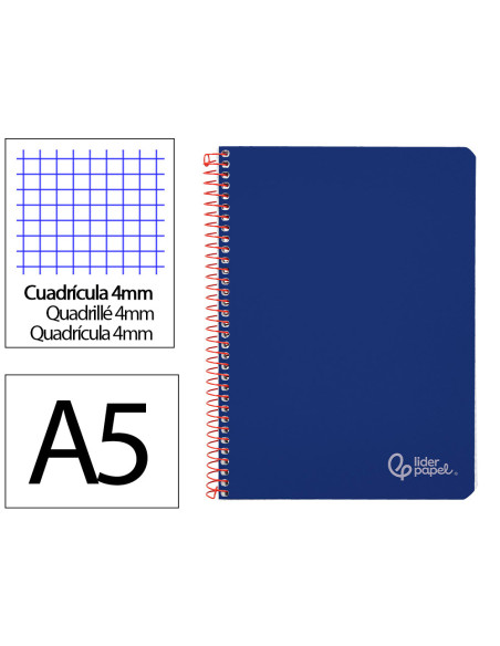 Cuaderno espiral liderpapel din a5 witty tapa dura 80h 90gr cuadro 4mm con margen color azul marino