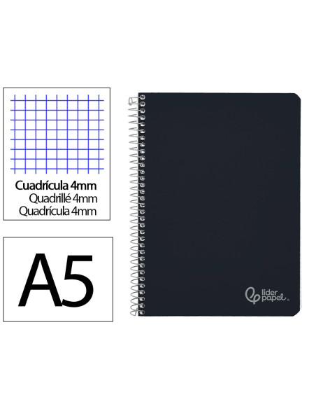 Cuaderno espiral liderpapel din a5 witty tapa dura 80h 90gr cuadro 4mm con margen color negro