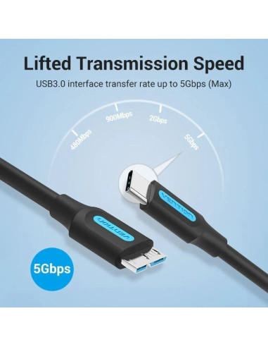 Cable USB 3.0 Vention CQABF/ microUSB Macho - USB Tipo-C Macho/ 5Gbps/ 1m/ Negro