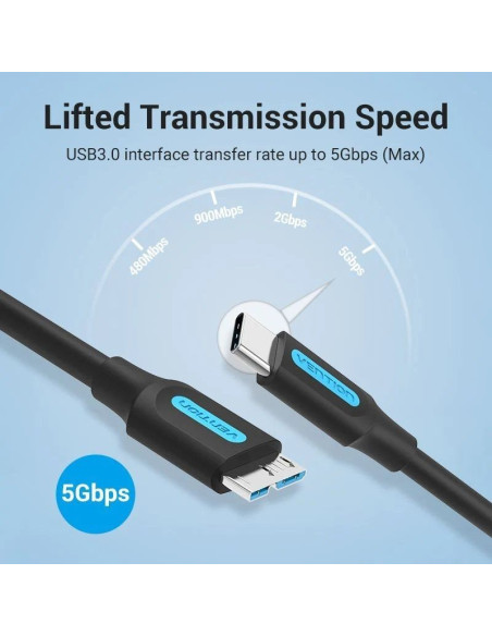 Cable USB 3.0 Vention CQABF/ microUSB Macho - USB Tipo-C Macho/ 5Gbps/ 1m/ Negro